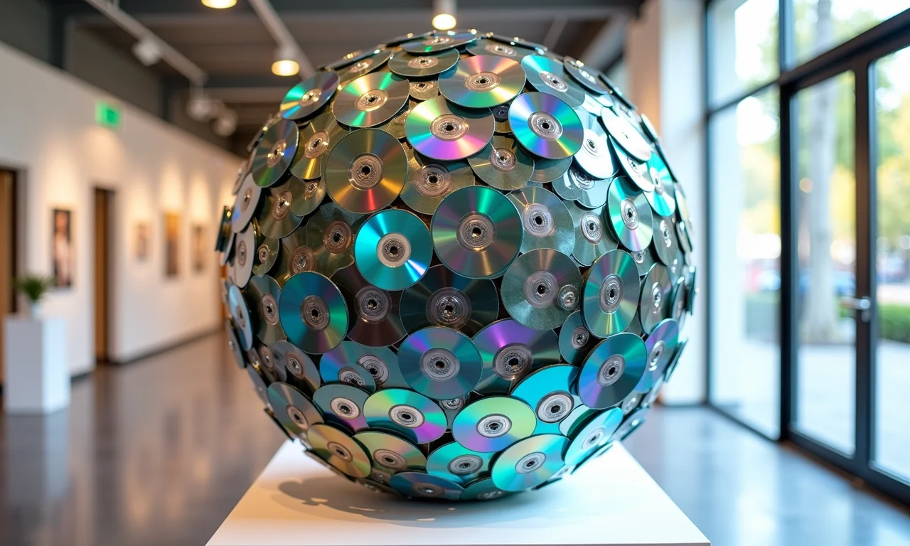 Escultura moderna criada com CDs reciclados em galeria.