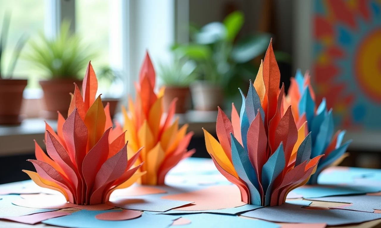 Esculturas artísticas feitas de papel e papelão.