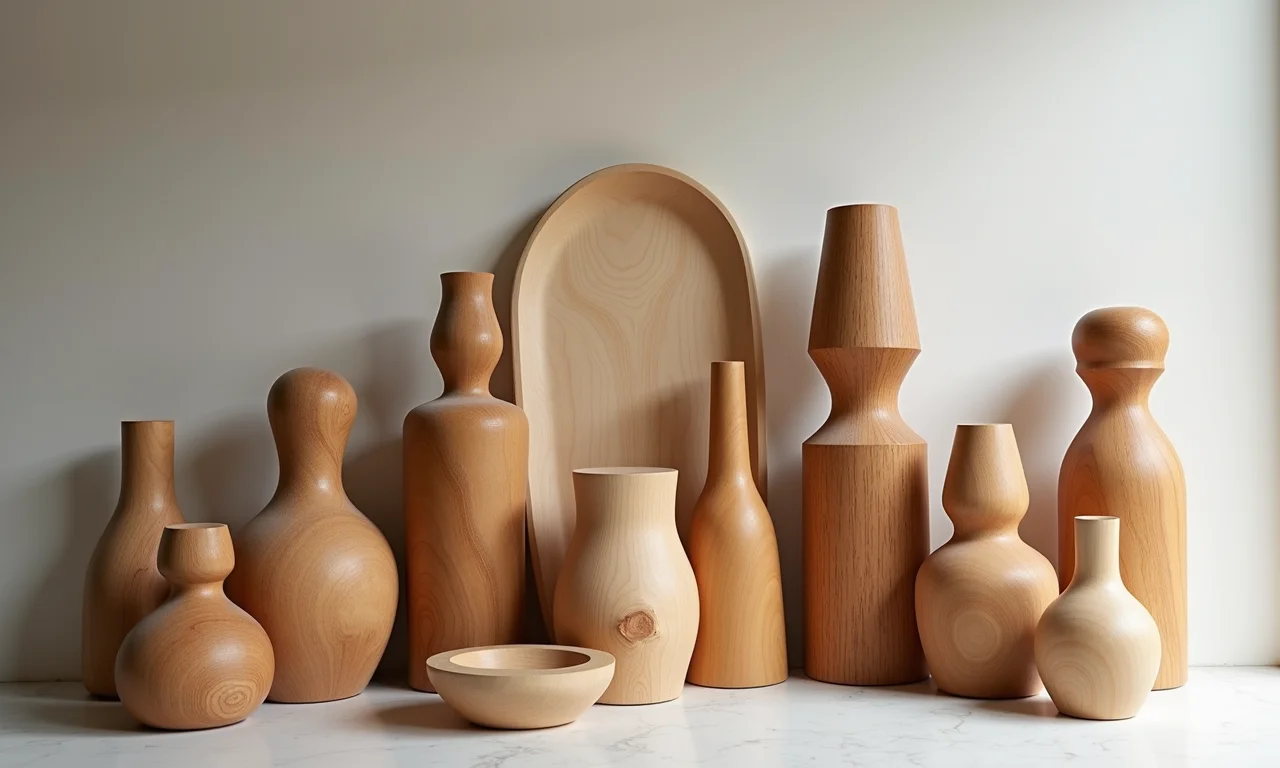 Esculturas de madeira expostas em uma casa minimalista brasileira.