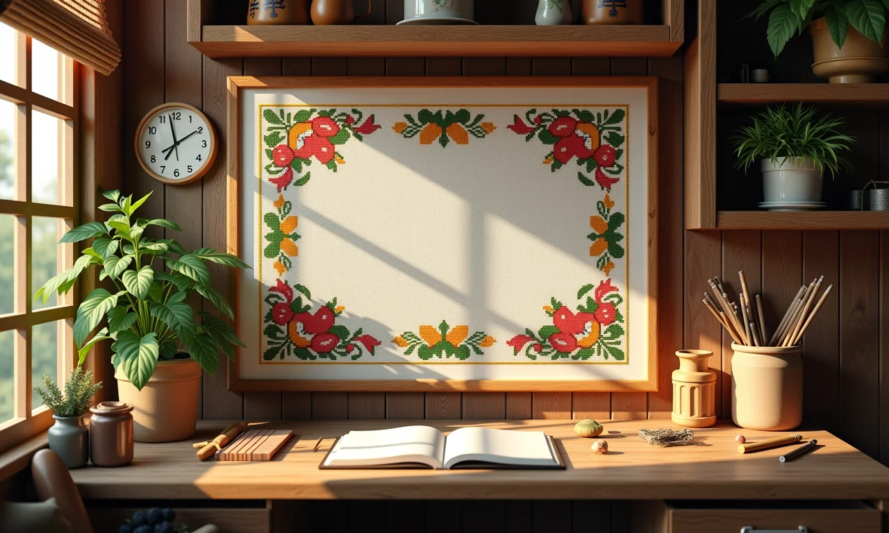 Espaço de trabalho bem iluminado para ponto cruz.