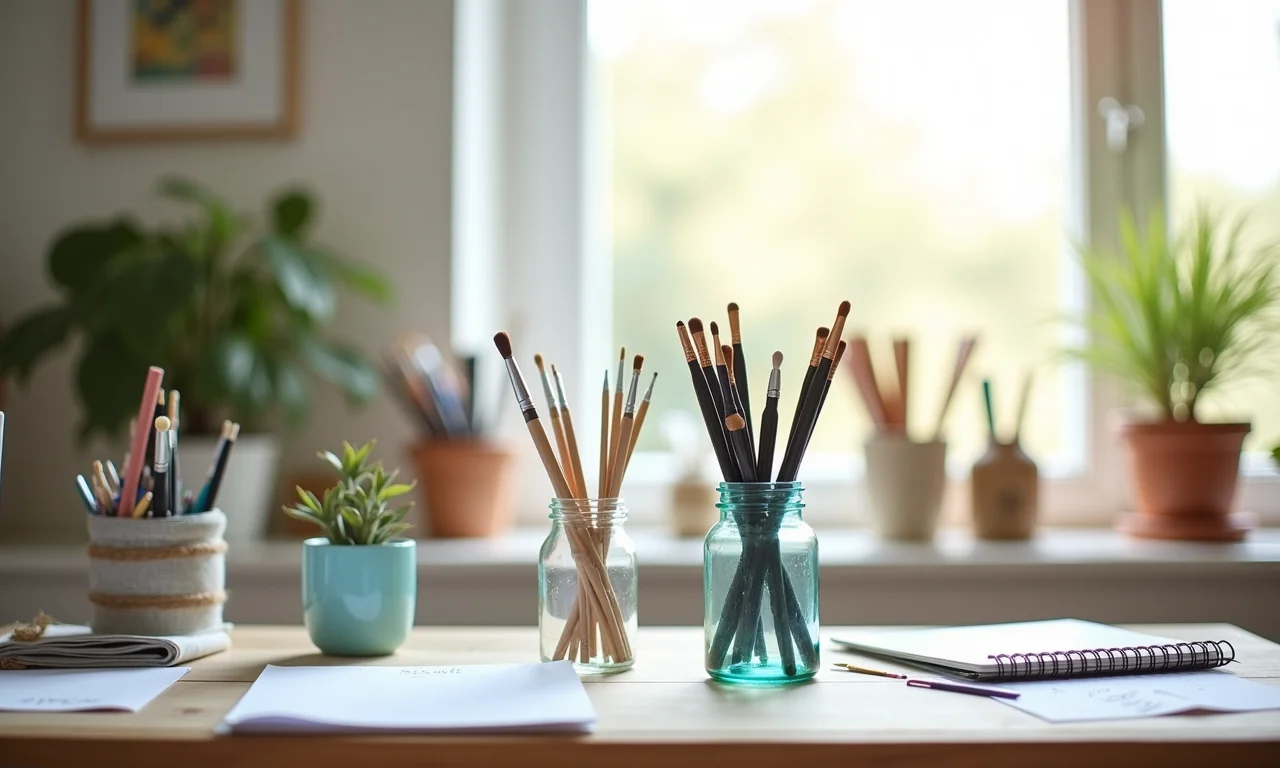 Espaço de trabalho organizado com garrafas de vidro reutilizadas como organizadores de materiais.