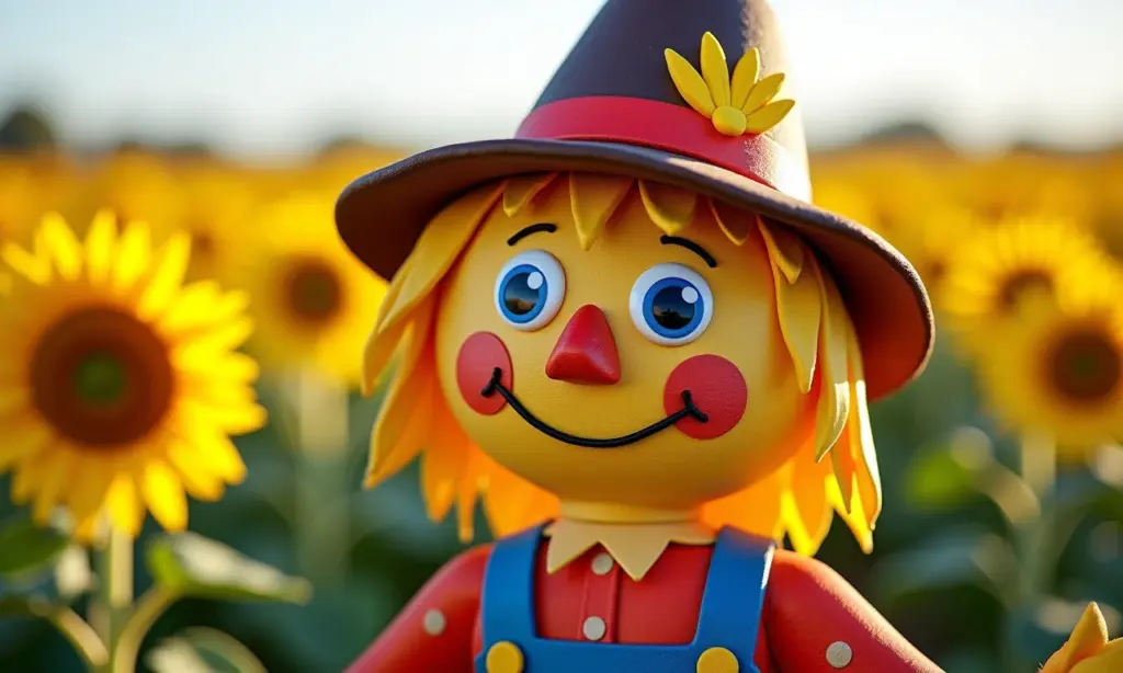 Espantalho de EVA sorrindo em campo de girassóis.