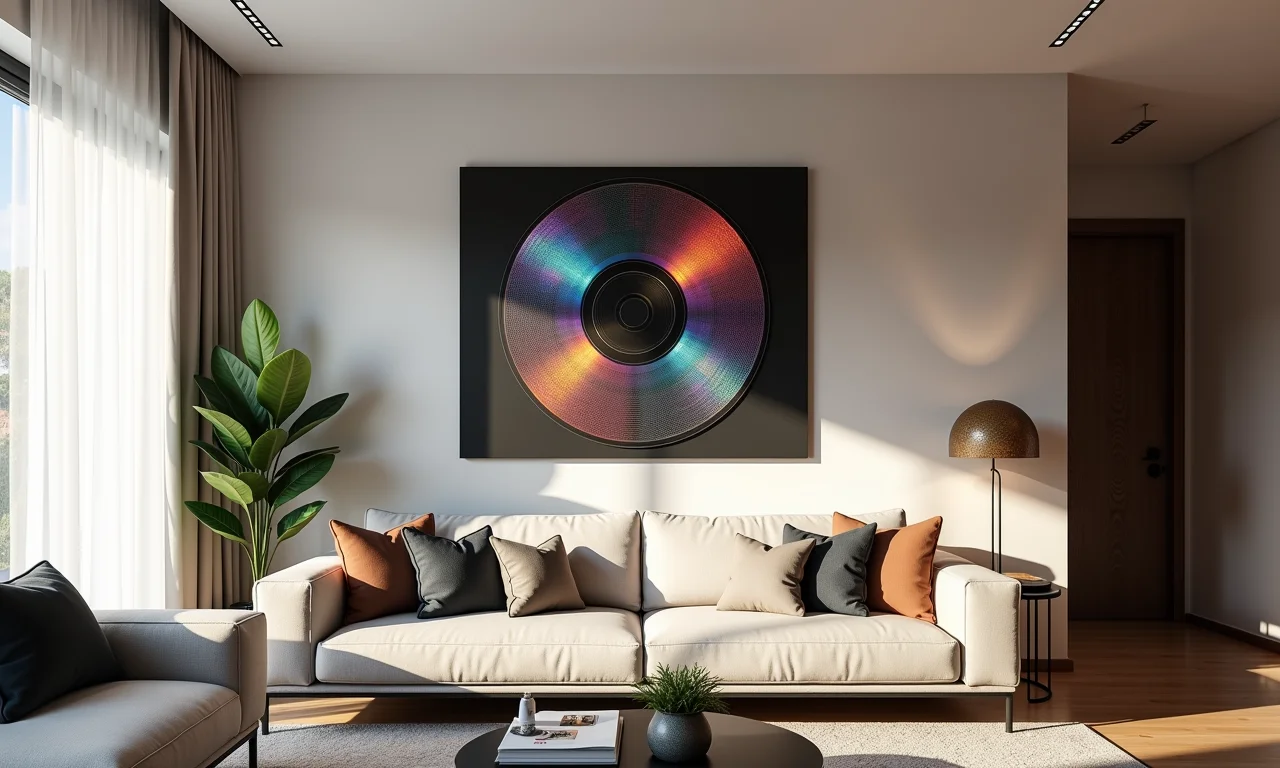 Especialista mostrando arte de CD na parede.