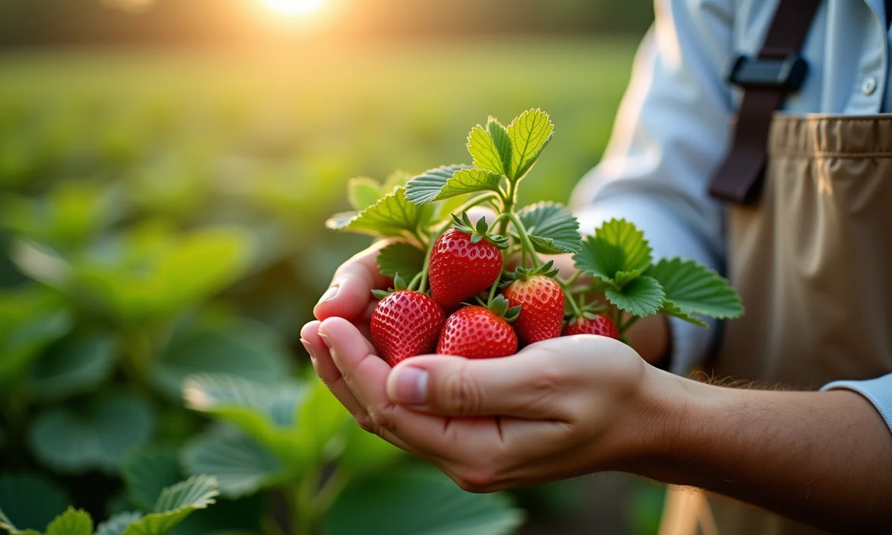 Especialista mostrando morango saudável plantado em PET.