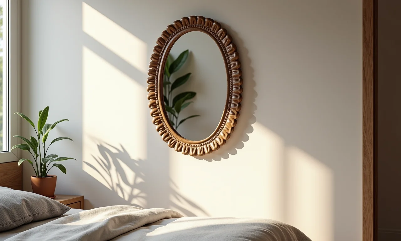 Espelhos decorativos ampliam o espaço e adicionam charme ao quarto.