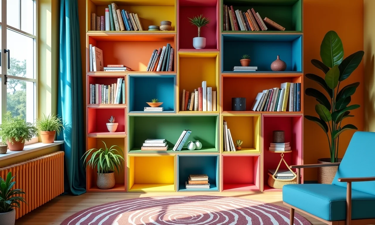 Estante colorida com caixotes pintados em ambiente vibrante.