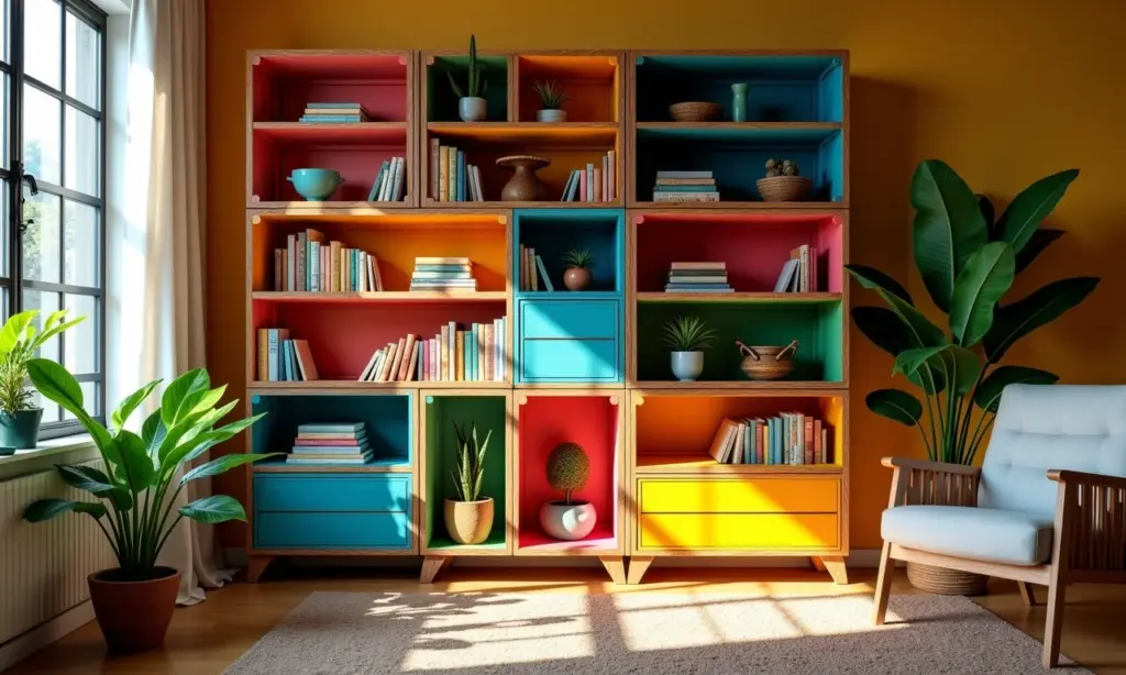 Estante de caixote de feira: organize com charme Estante de caixotes coloridos em sala de estar vibrante com design brasileiro e iluminação natural.