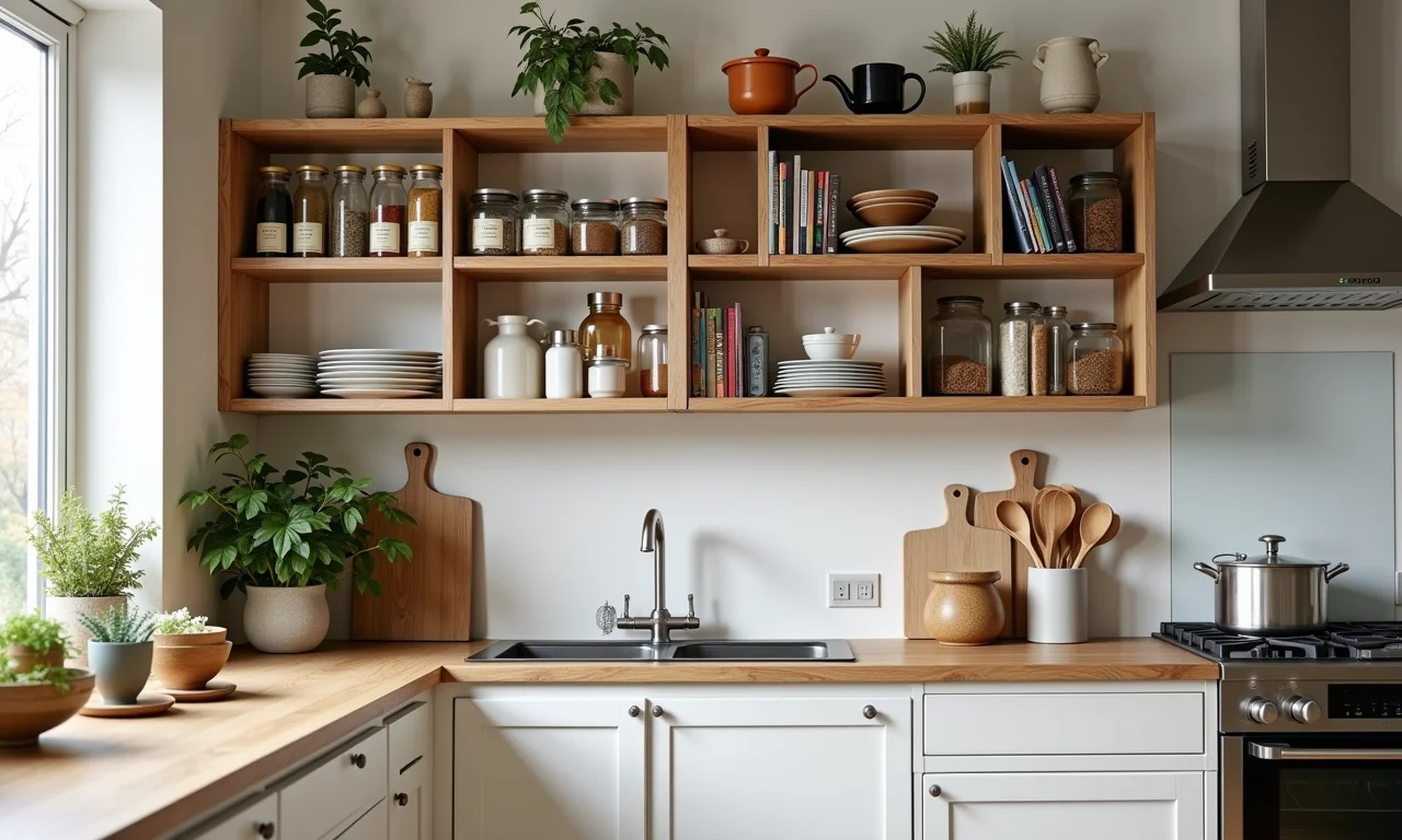 Estante de caixotes na cozinha com temperos, utensílios e livros de receitas organizados com estilo.