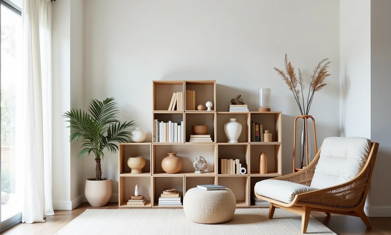 Estante de caixotes na sala de estar com livros, vasos e objetos decorativos em um ambiente aconchegante.