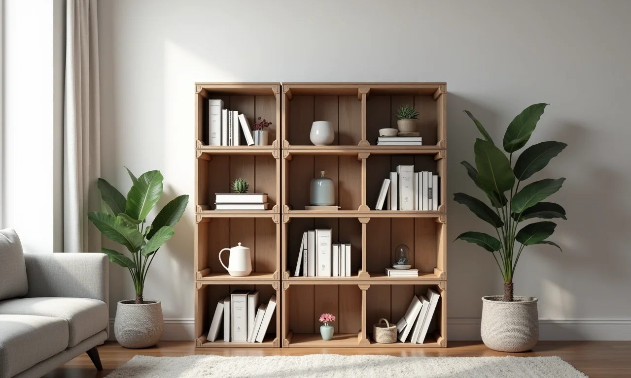 Estante de caixotes versátil em sala de estar moderna.