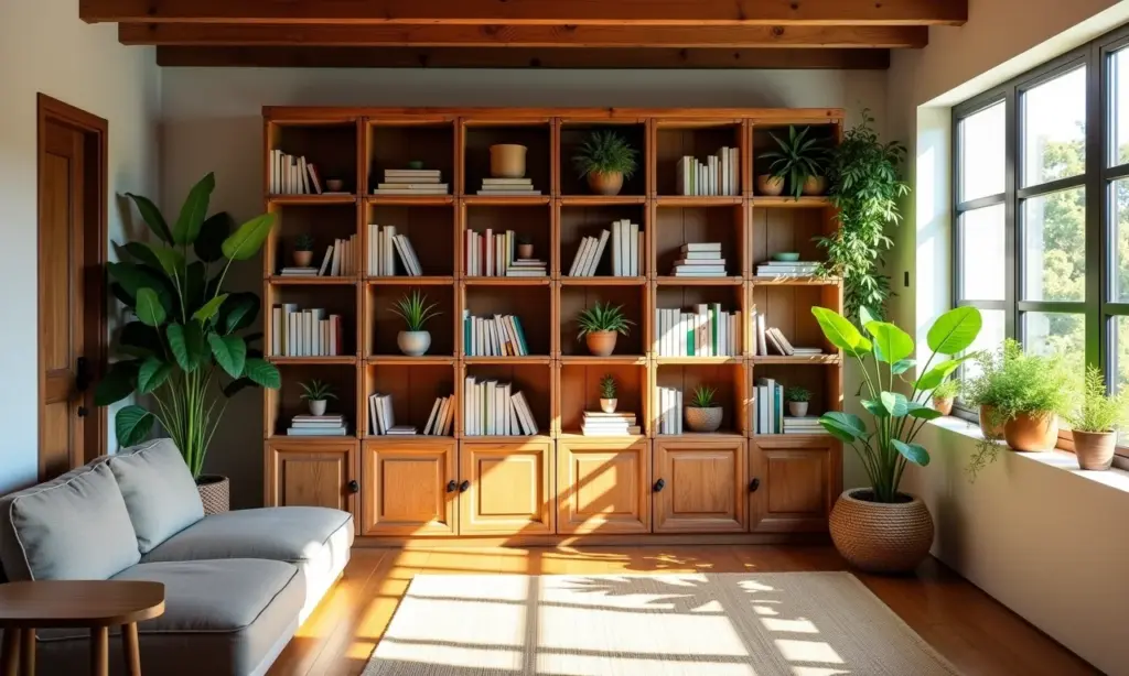 Estante de livros com caixote de feira: como fazer Estante de livros rústica feita com caixotes de feira em sala de estar ensolarada.