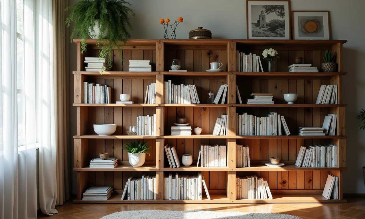 Estante de pallet elegante cheia de livros e itens decorativos com decoração brasileira.