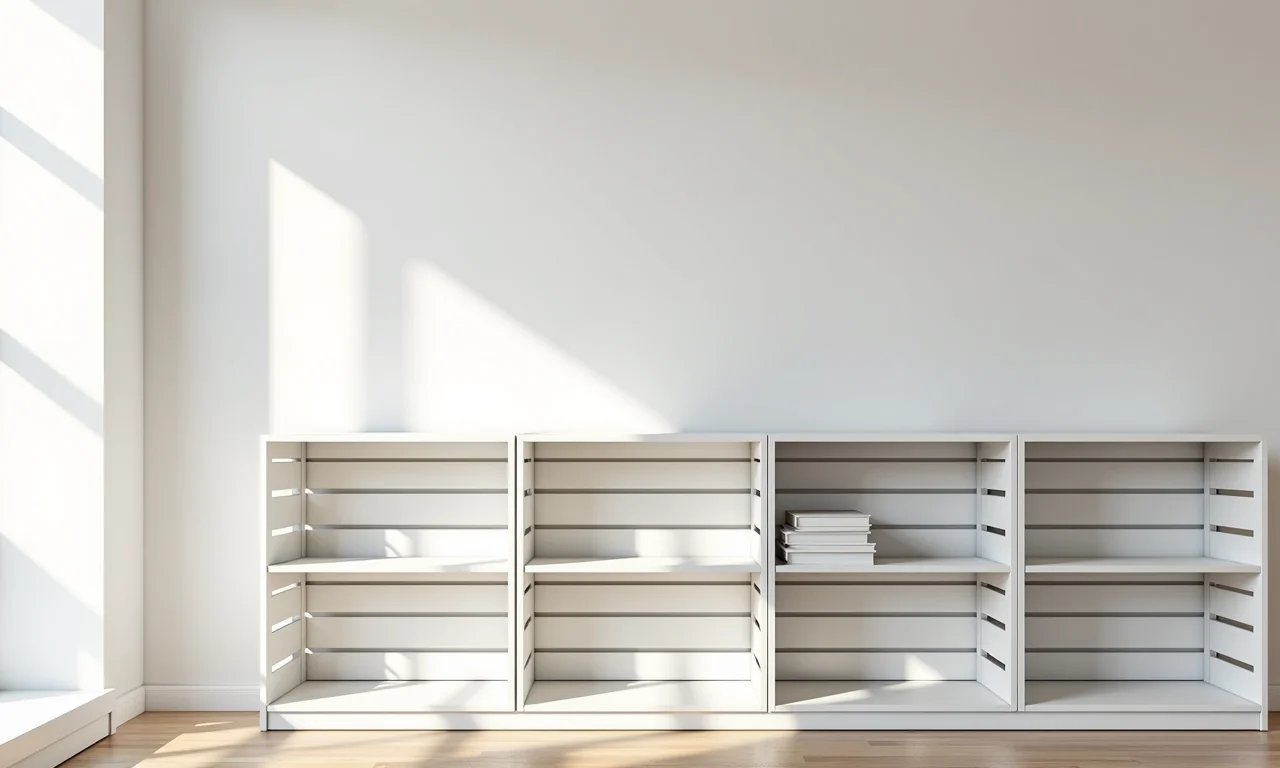 Estante minimalista com caixotes brancos em apartamento moderno.