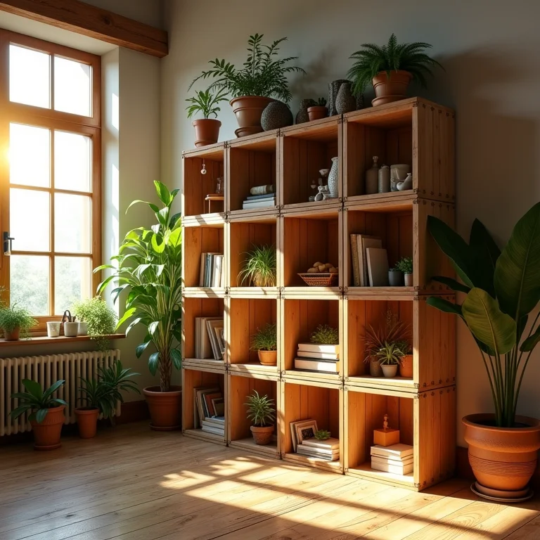 Estante modular feita de caixotes de madeira em sala de estar brasileira