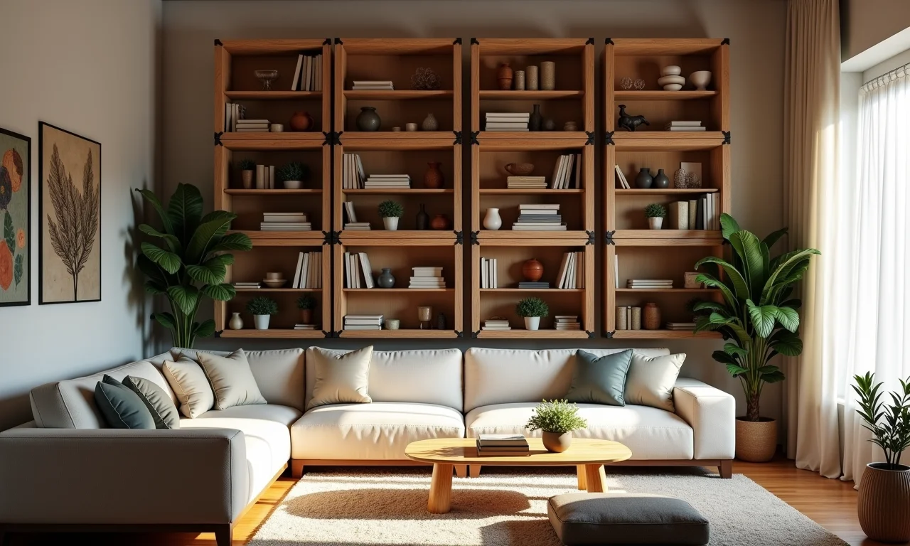 Estante rústica com caixotes naturais em sala aconchegante.