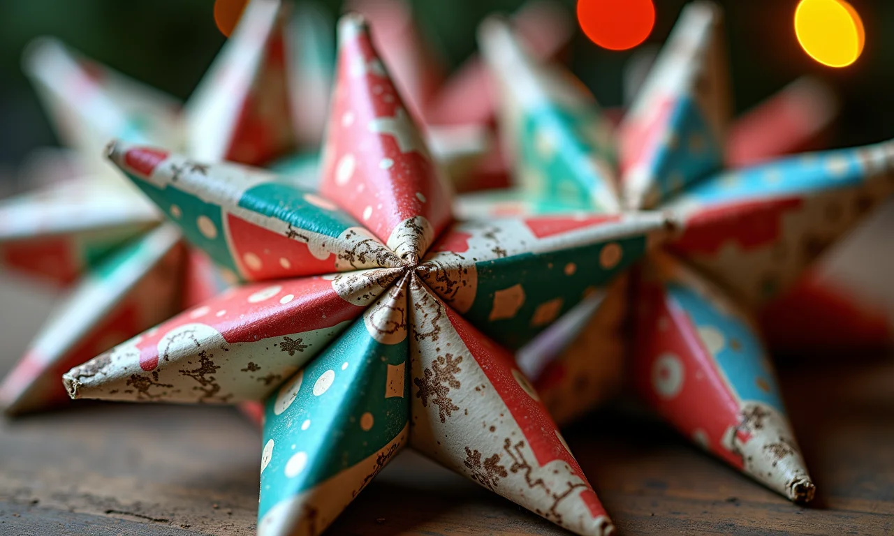 Estrelas de Natal coloridas feitas com páginas de revistas velhas.