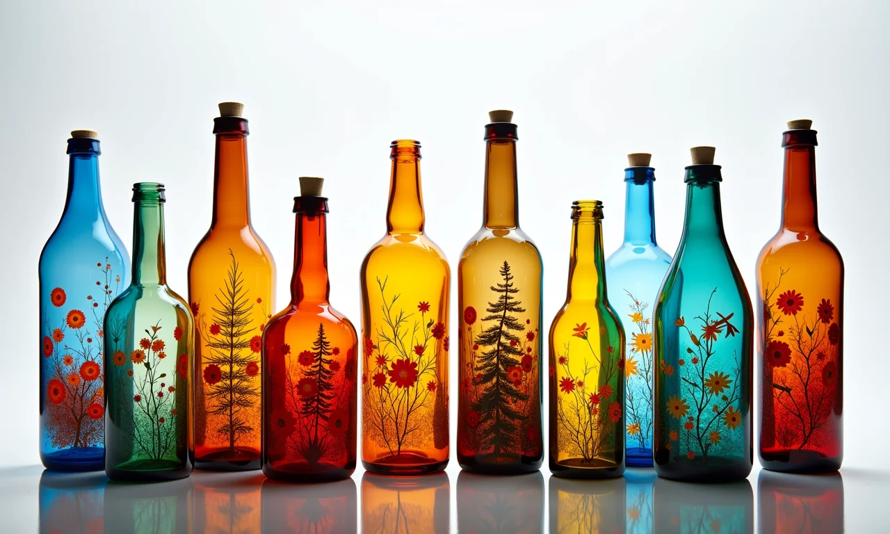Exposição artística de garrafas de vidro decoradas de forma única, mostrando diferentes técnicas e estilos.