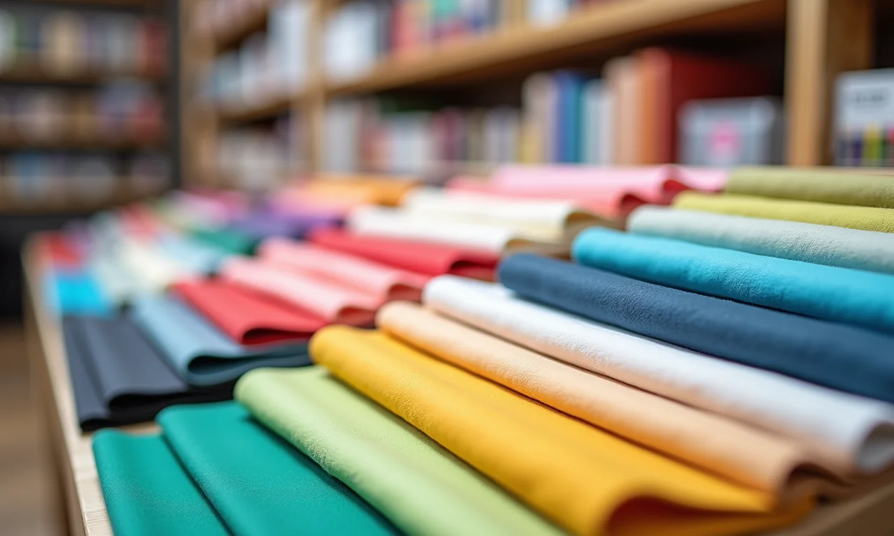 Exposição de diferentes folhas de EVA em uma loja de artesanato.