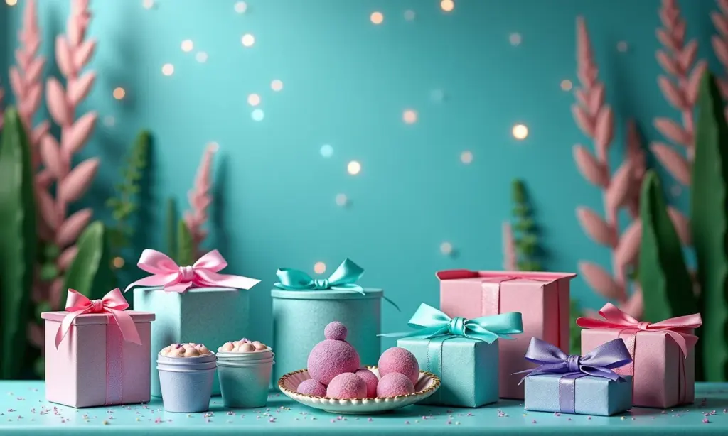 Lembrancinha Ariel: Ideias lindas do fundo do mar Exposição de lembrancinhas da Ariel com fundo do mar brilhante e presentes artesanais.