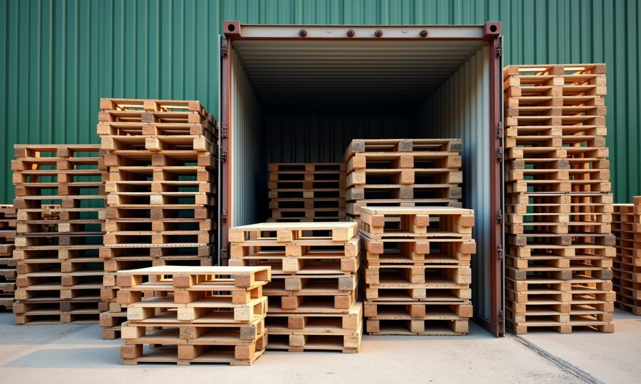 Exterior de uma empresa de reciclagem com paletes sendo separados.