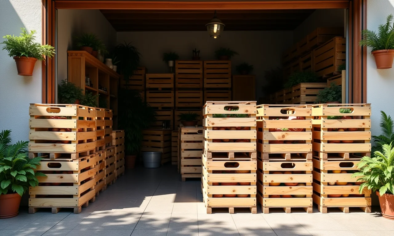 Fachada de hortifruti com caixotes de madeira empilhados.