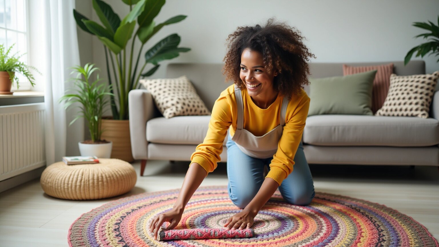Como Higienizar os Tapetes de Crochê? Guia Completo e Prático! Mulher sorrindo ao limpar tapete de crochê colorido.