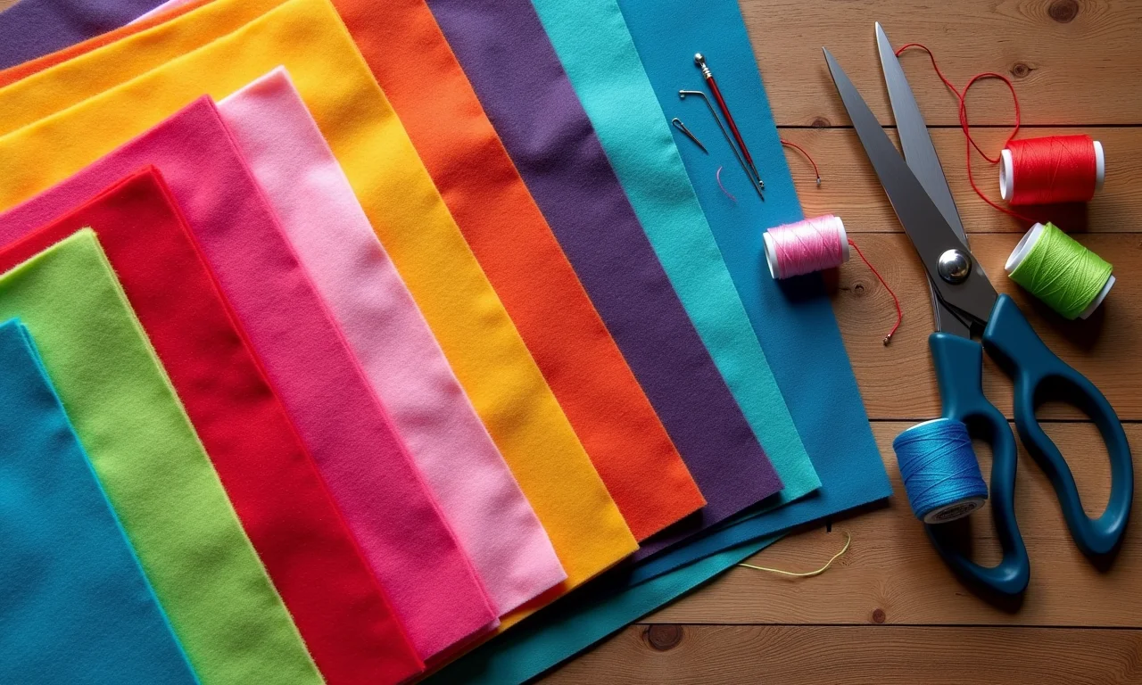 Feltros coloridos e ferramentas para artesanato.
