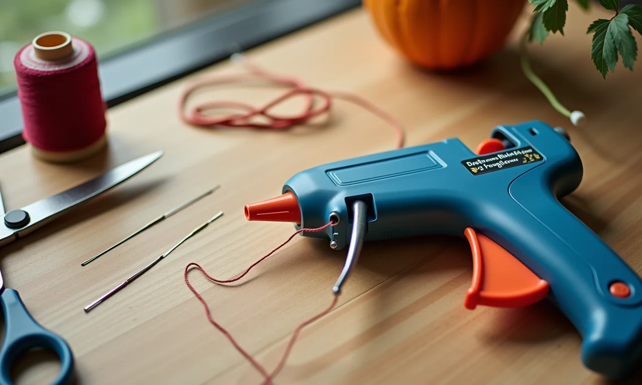 Ferramentas de artesanato: tesoura, agulha, linha e cola quente.