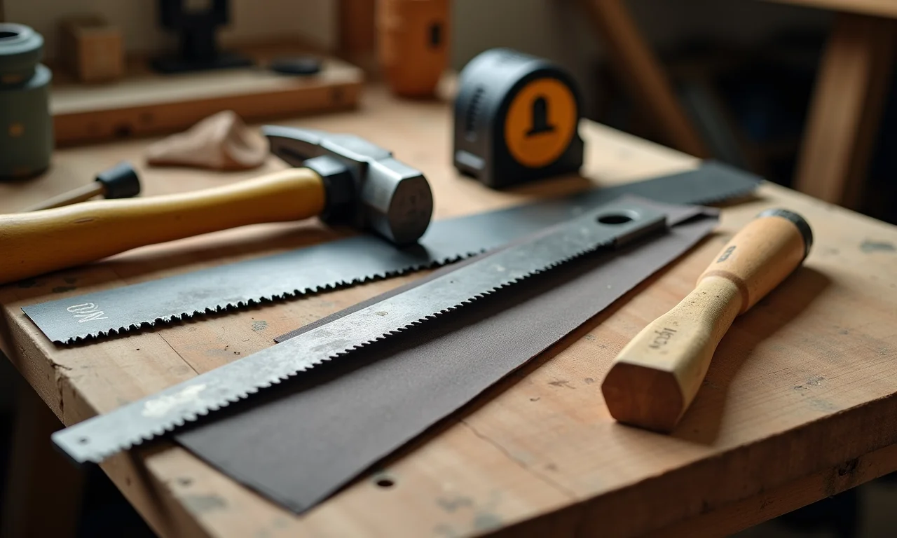 Ferramentas organizadas em uma bancada: martelo, serrote, lixa e fita métrica.