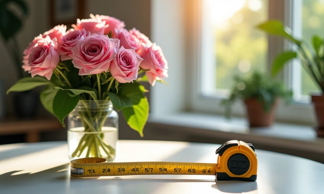 Fita métrica ao lado de um arranjo de flores na mesa, tutorial.