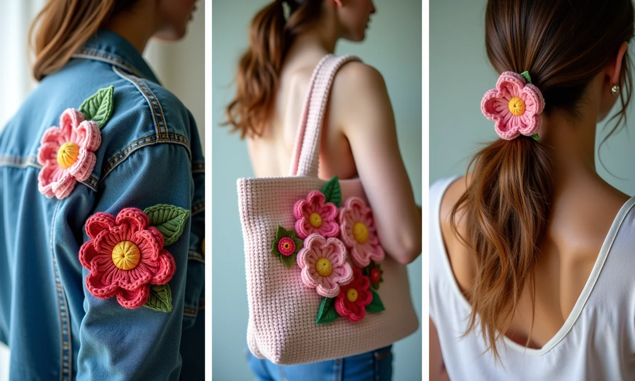 Flores de crochê aplicadas em diferentes peças de roupa e acessórios.