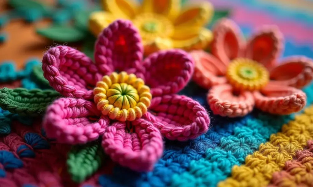 Gráfico de Flor de Crochê Fácil Para Aplicação em Peças Flores de crochê coloridas aplicadas em tecido vibrante, estilo Farm Rio.