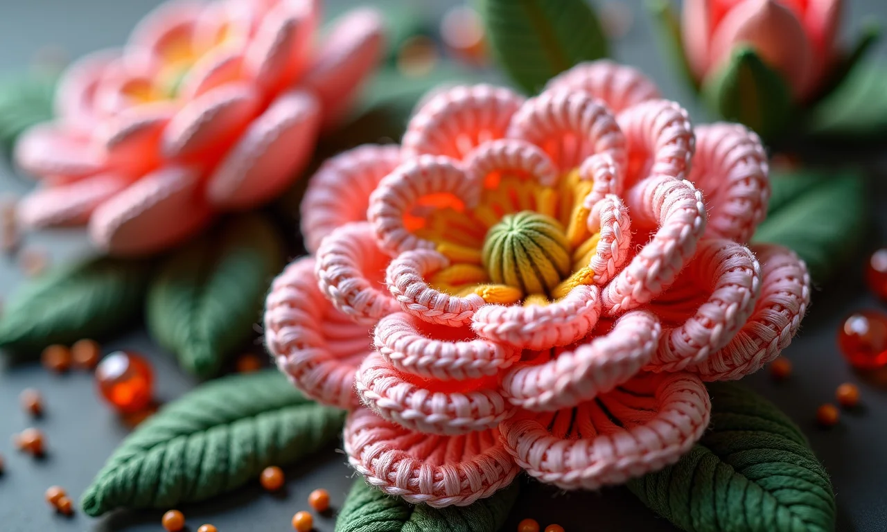 Flores de crochê com detalhes em miçangas, bordado e glitter.