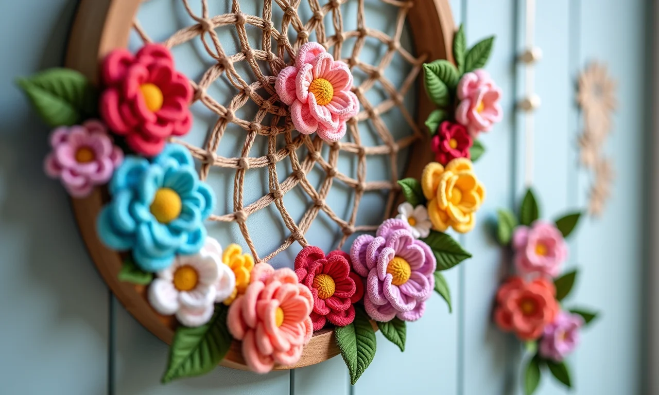 Flores de crochê decorando um filtro dos sonhos, um porta-retrato e uma página de scrapbook.