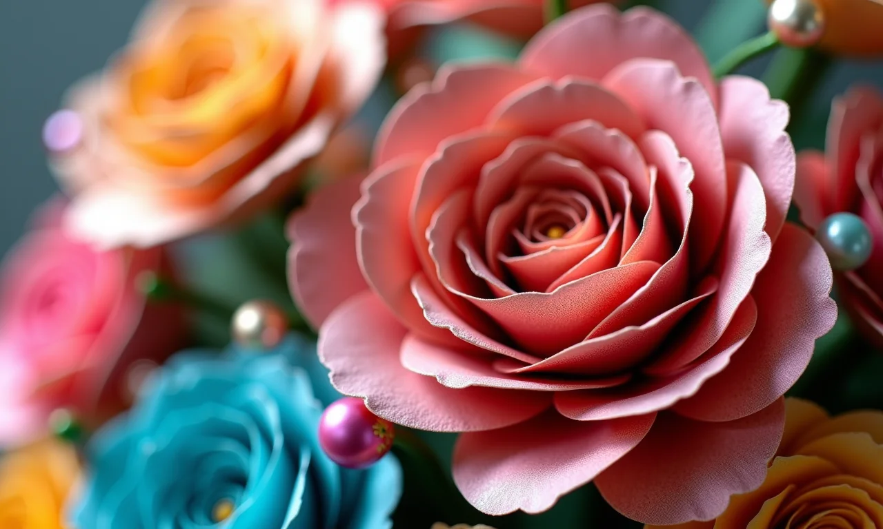 Flores de rolo de papel decoradas com glitter, miçangas e tinta.