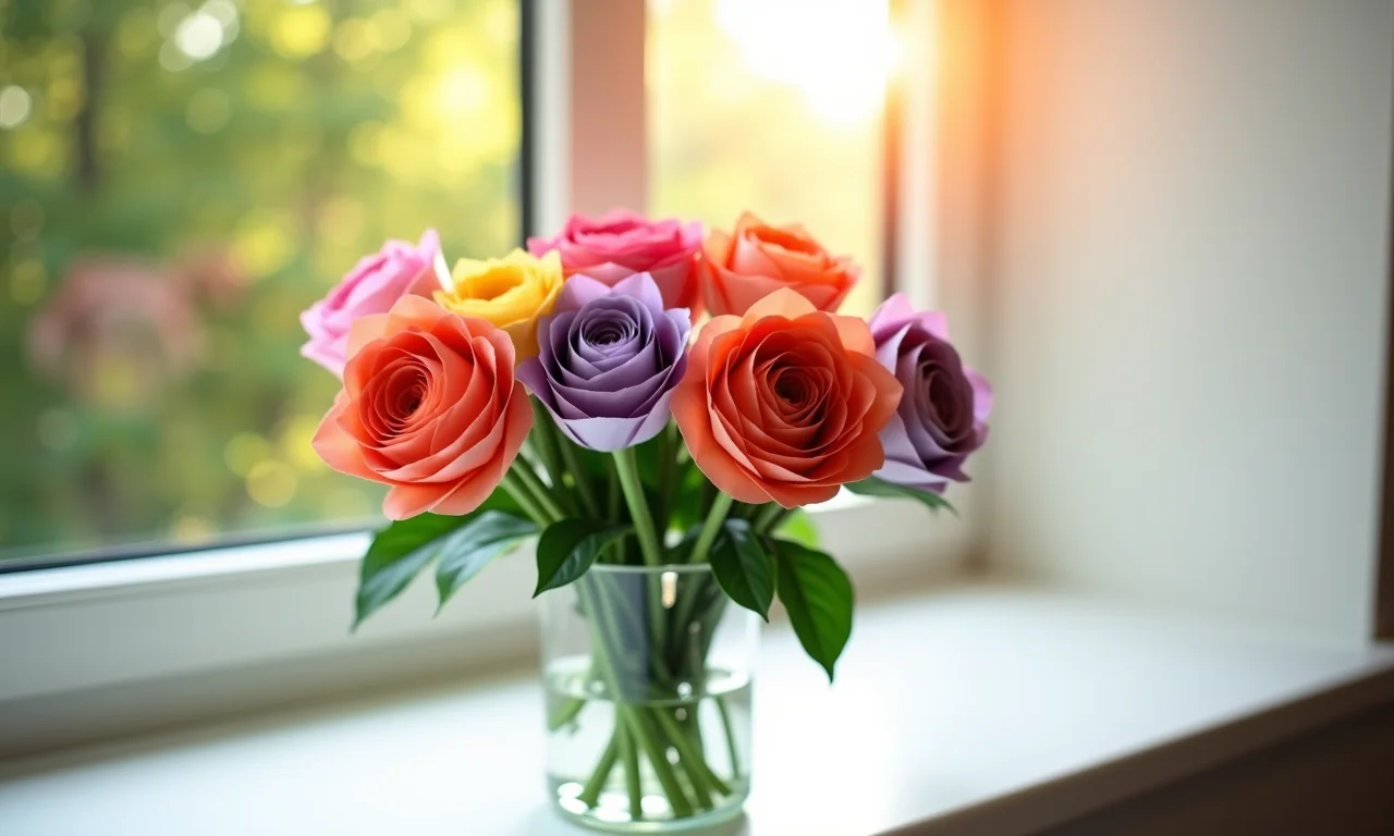 Flores de rolo de papel em vaso na janela, cores vibrantes.