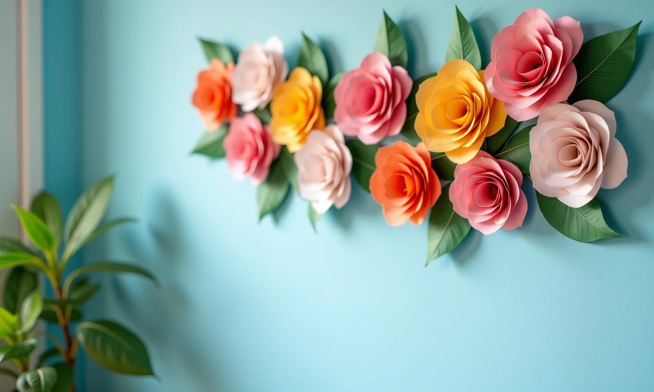 Flores de rolo de papel fixadas na parede como decoração.