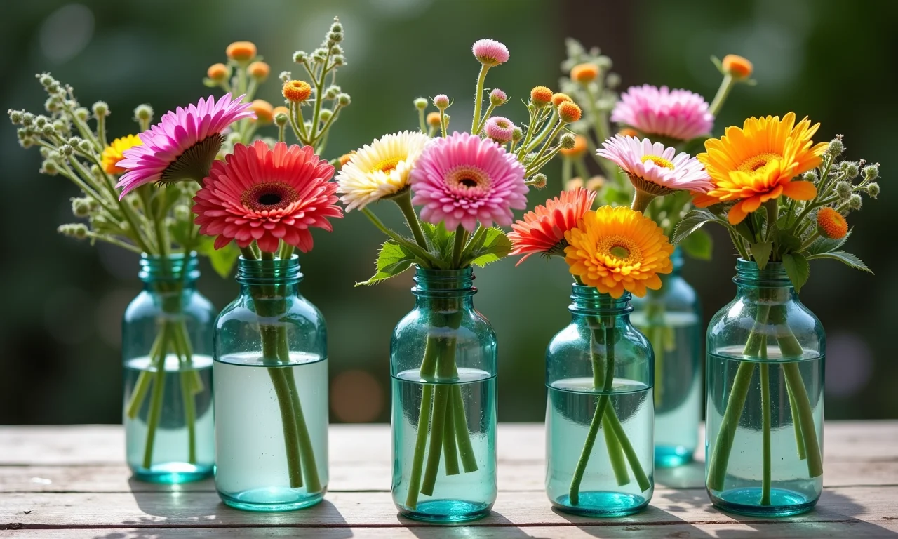 Flores em garrafas reaproveitadas decorando uma mesa com estilo.