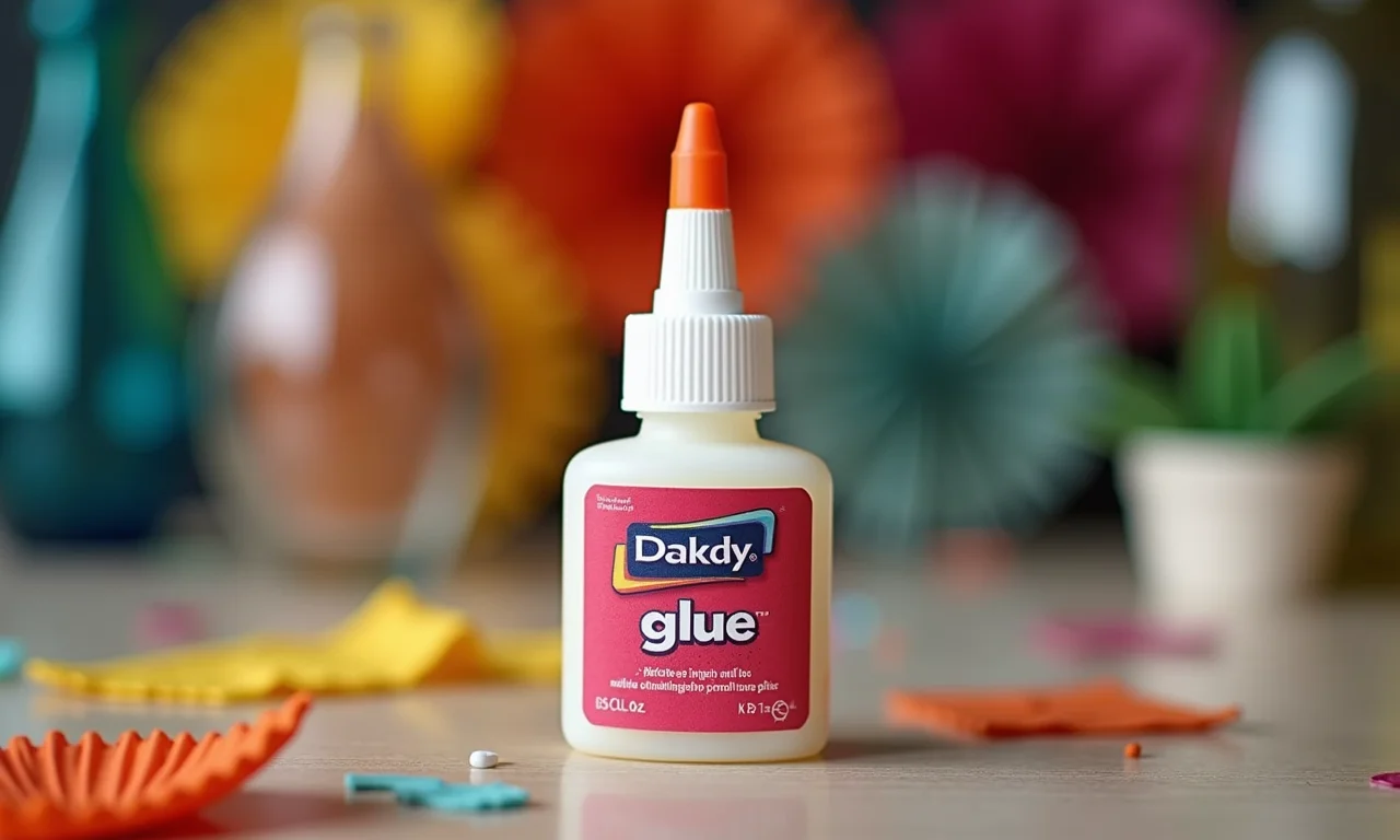 Frasco de cola ideal para usar em EVA, com enfeites juninos ao fundo.