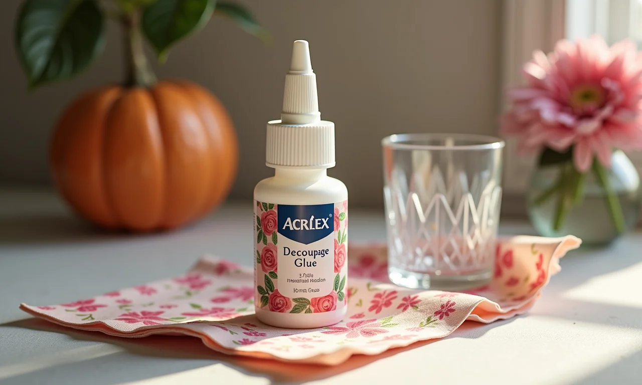 Frasco de cola para decoupage da Acrilex em ambiente de artesanato.