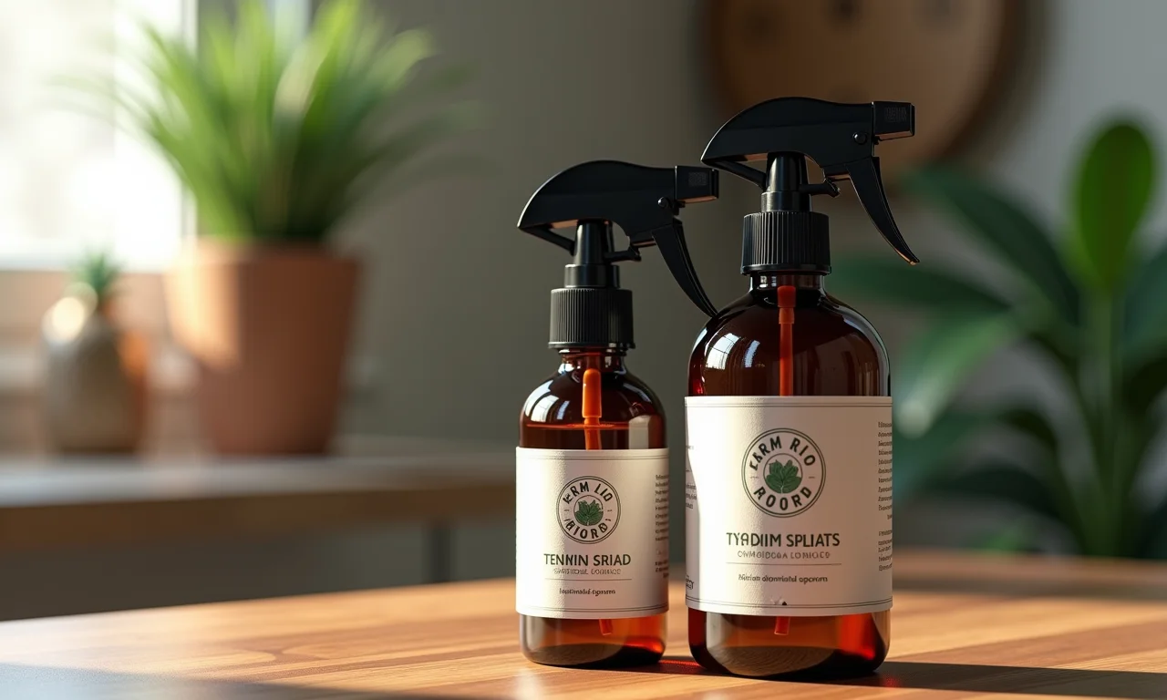 Frascos de home spray aromático com rótulos personalizados sobre mesa de madeira.