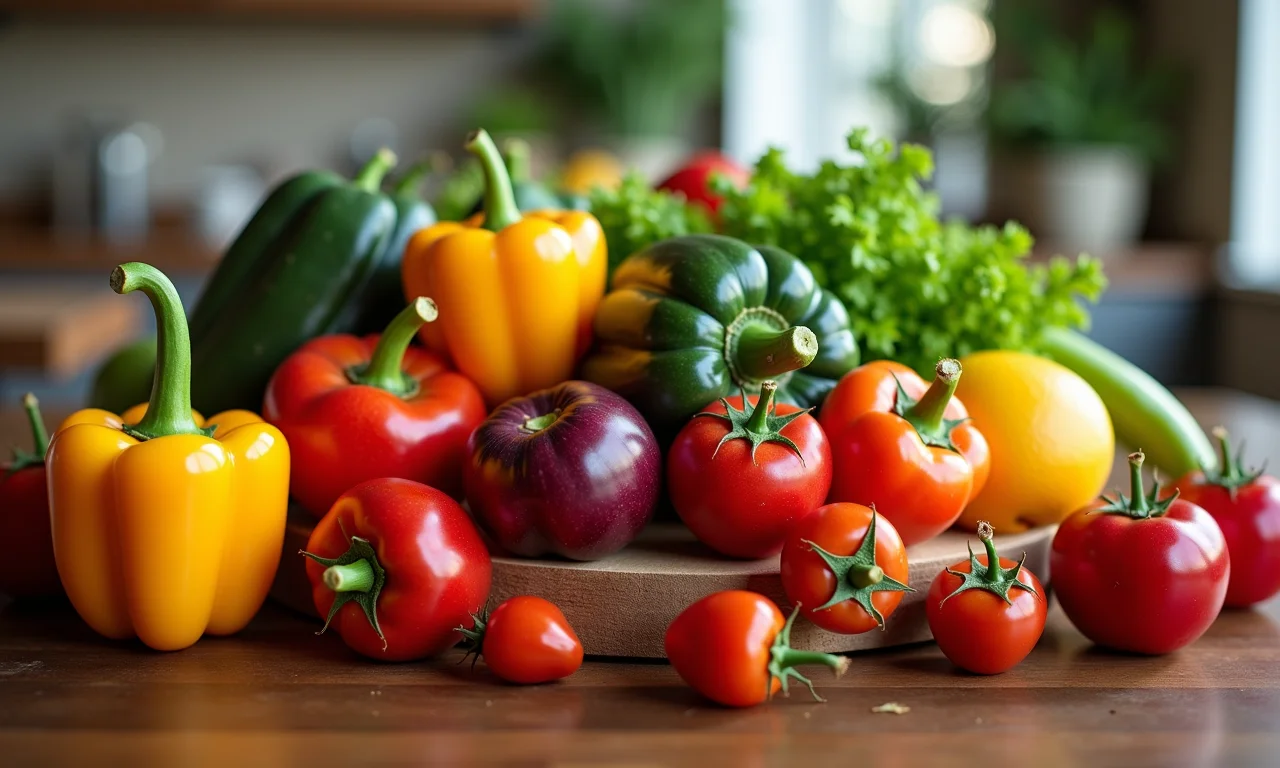 Frutas e legumes coloridos decorando uma mesa de forma criativa.