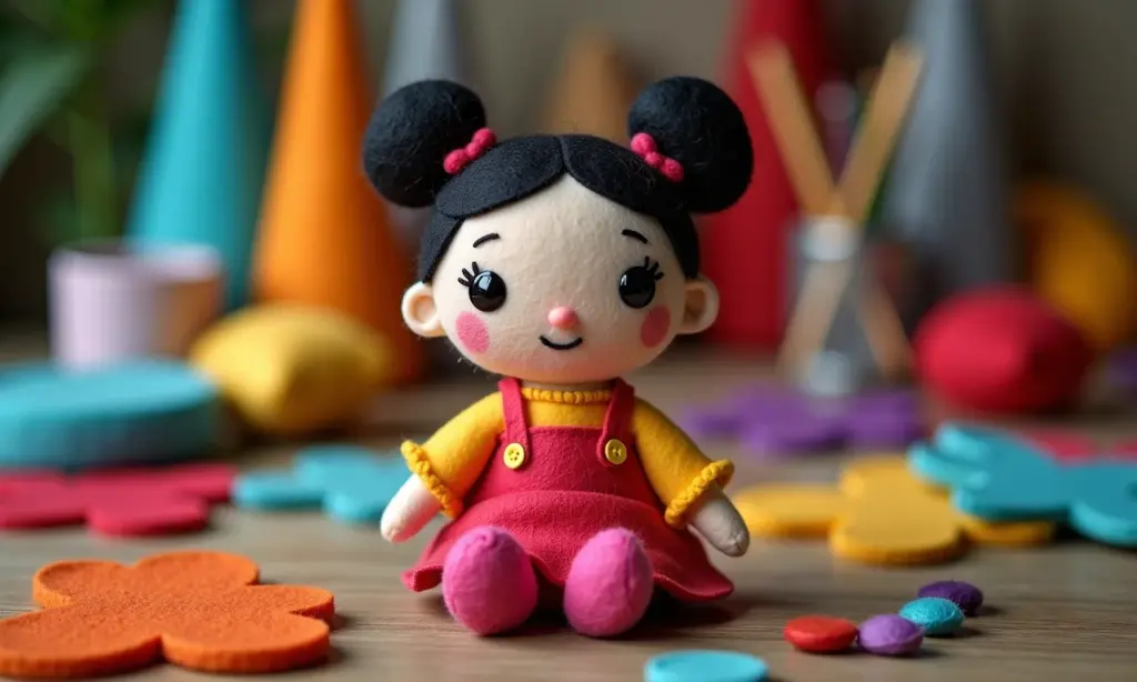 Galinha Pintadinha de feltro artesanal em mesa de madeira.