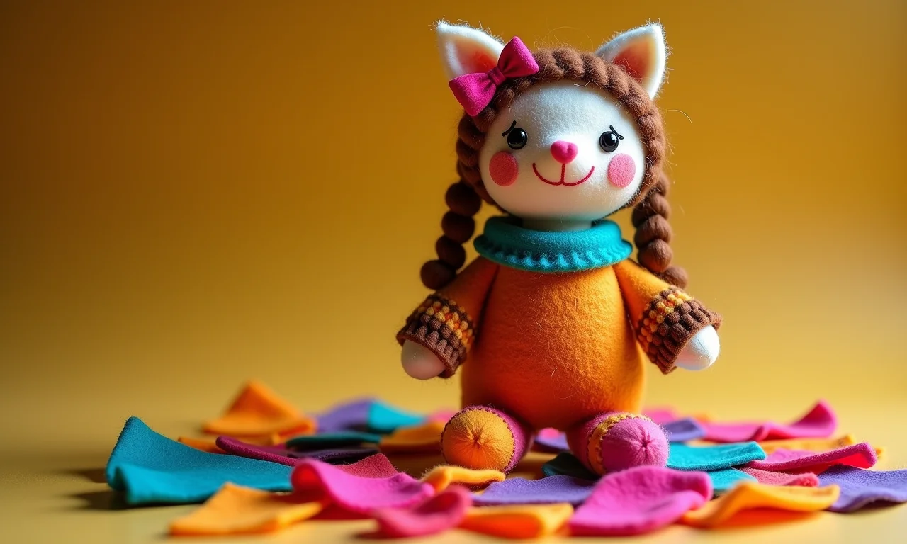 Galinha Pintadinha de feltro e materiais, representando a alegria do artesanato.