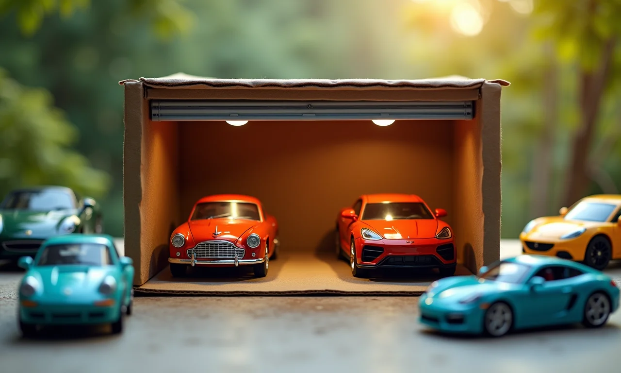 Garagem de carrinhos feita de caixa de sapato.