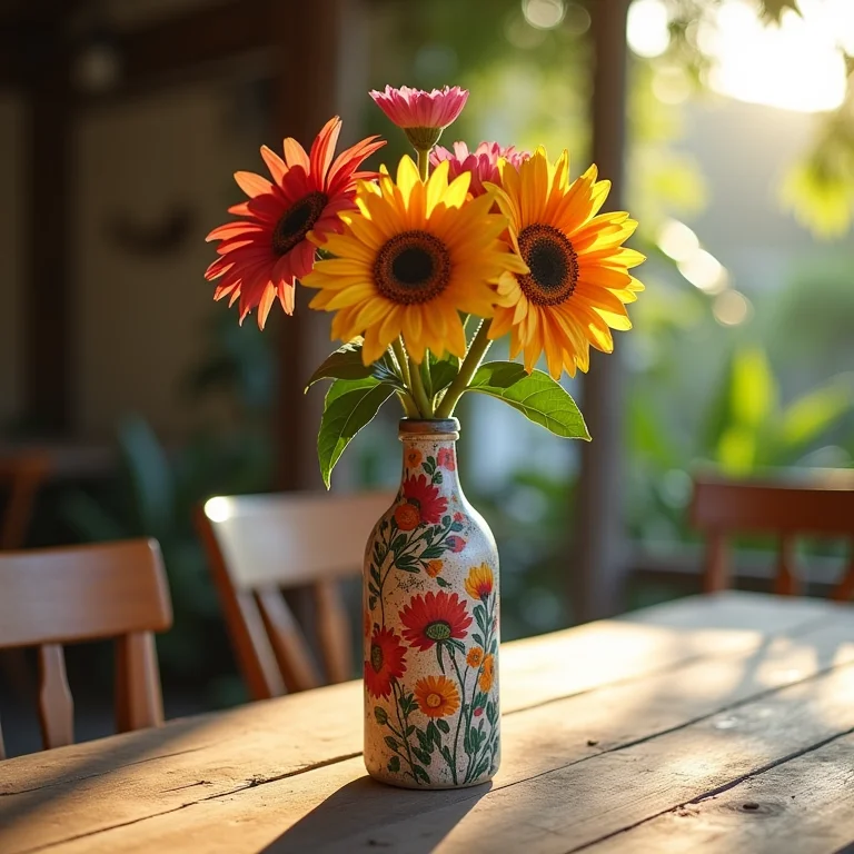 Garrafa com decoupage usada como vaso de flores.
