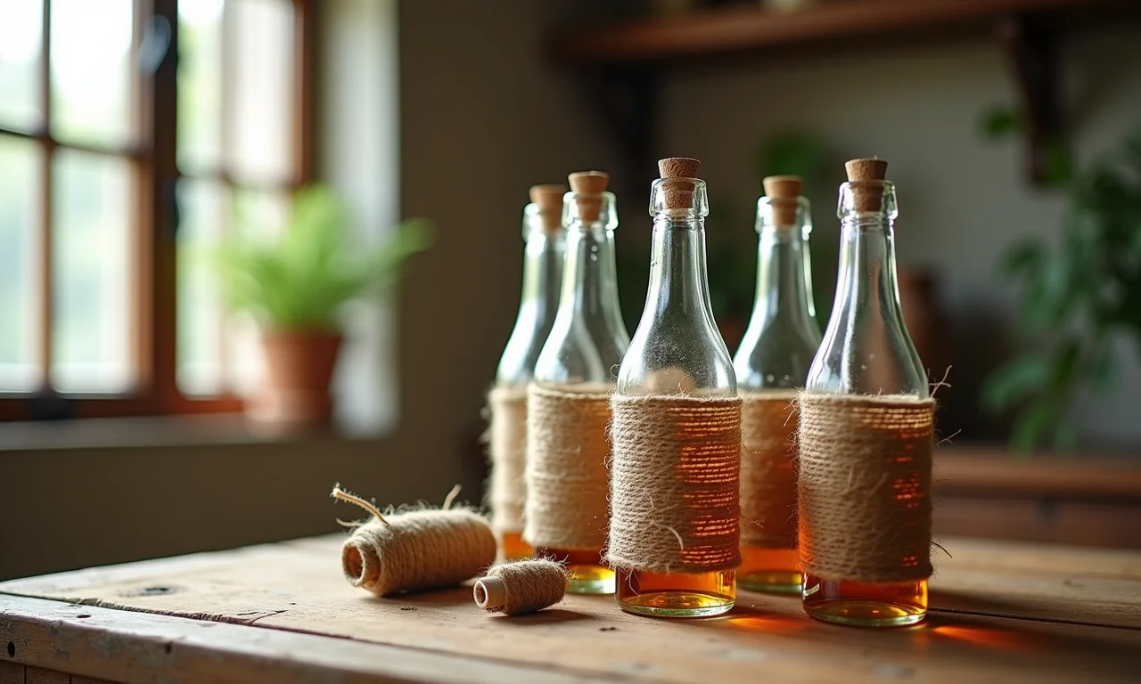 Garrafa de vidro decorada com barbante cru em ambiente rústico.