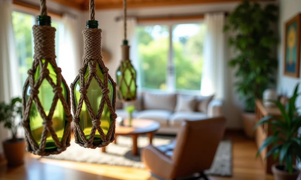 Garrafas amarradas com macramê penduradas em sala de estar.