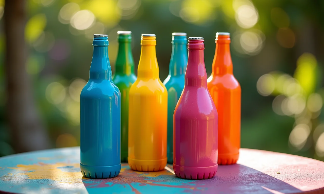 Garrafas coloridas com tinta spray em mesa de jardim.
