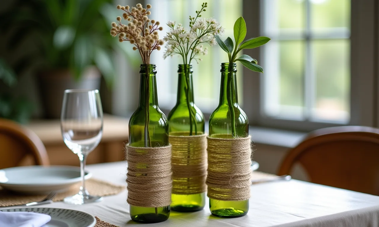 Garrafas com barbante e renda rústica para decoração de aniversário.